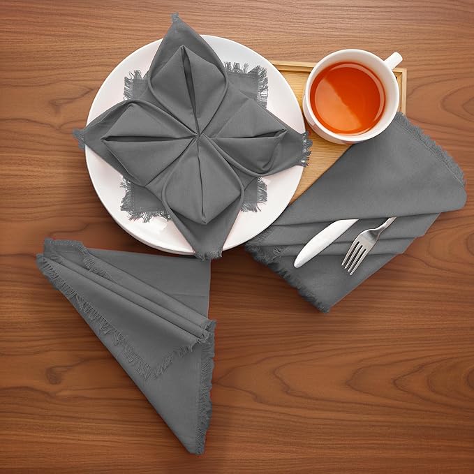 Lightnpro Cotton Napkins Set of 12, Beautiful Handmade Fringe Dinner Cloth Napkins, Washable and Reusable for Dining, Parties, Weddings, Holiday & Everyday Use - 18x18 Inch Smoke Grey