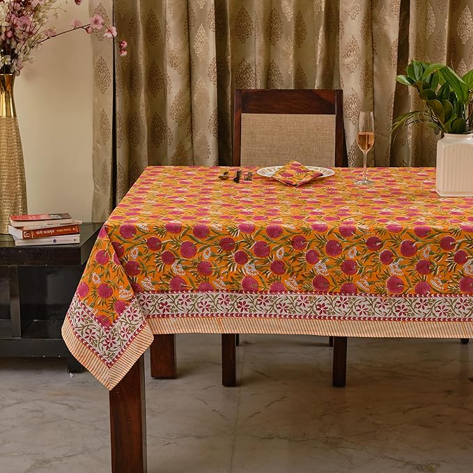 Ridhi Hand Block Print Bubblegum Pink Rectangle Cotton Tablecloth 160" x 72" Reusable Table Cover Decorative Everyday Use for Dining, Farmhouse, Home Gift for Spring, Easter, Valentine