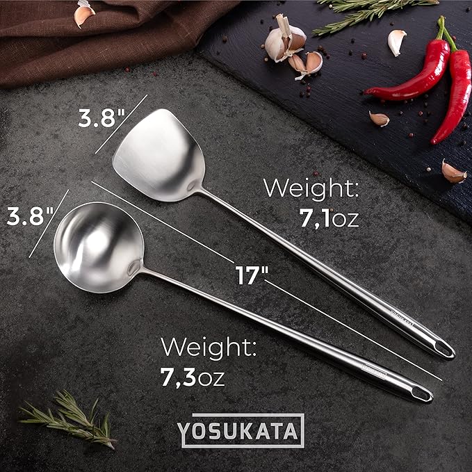 YOSUKATA Non-seasoned 14" Round-Bottom Carbon Steel Wok Pan with 17" Spatula and Ladle