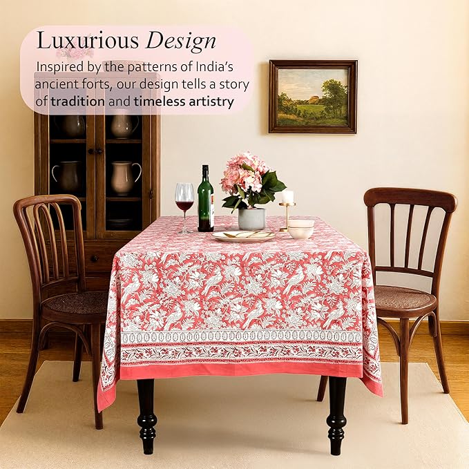 CPC Tablecloth 100% Cotton 60x60 Inch Indian Block Print Square Table Cover, Table Cloth for Weddings, Spring/Summer, Barbeque - Pink Coral