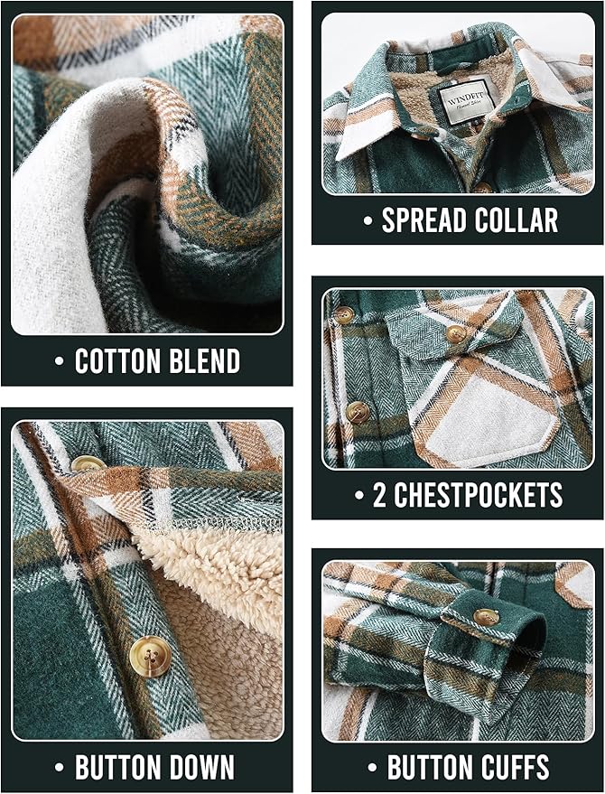 Men's Cotton Sherpa Lined Button Down Flannel Shirt Jacket Plaid Soft Outdoor Flannel Jacket Shirt