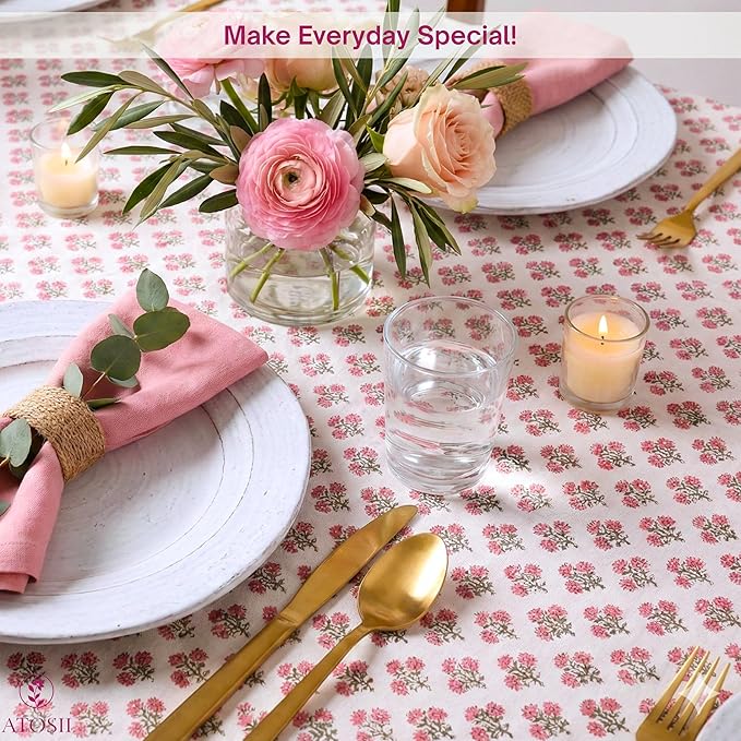 ATOSII Gulbahar White Pink 100% Cotton Fall Rectangle Tablecloth, Handblock Print Floral Table Cloth for Kitchen Dining Linen I Thanksgiving Christmas Weddings Outdoors I 72 X 120 Inches I 10 Seater