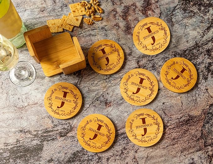 Silveroy Custom Coaster Set of 6 with Holder - Personalized Bamboo Bar Coasters for Anniversary, Wedding, Ideas to Couples, Newlyweds