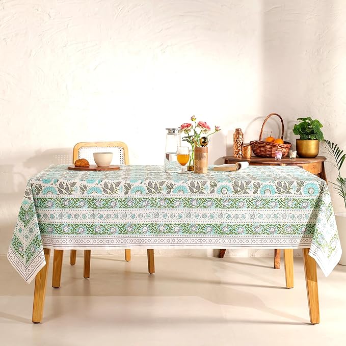 Hand Block Printed Table Cover - Exquisite Design, Premium Cotton Fabric, Perfect for Dining and Decor, Dining Table Linen (Flamingo Bloom, 12 Seater 72 x 135 Inches Rectangle)