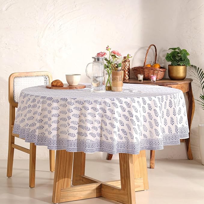 Hand Block Printed Table Cover - Exquisite Design, Premium Cotton Fabric, Perfect for Dining and Decor, Dining Table Linen (Blue Buti, 6 Seater 72 Inches Round)