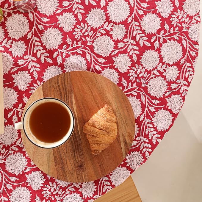 Hand Block Printed Table Cover - Exquisite Design, Premium Cotton Fabric, Perfect for Dining and Decor, Dining Table Linen (Cloudy Red Grace, 6 Seater 72 Inches Round)