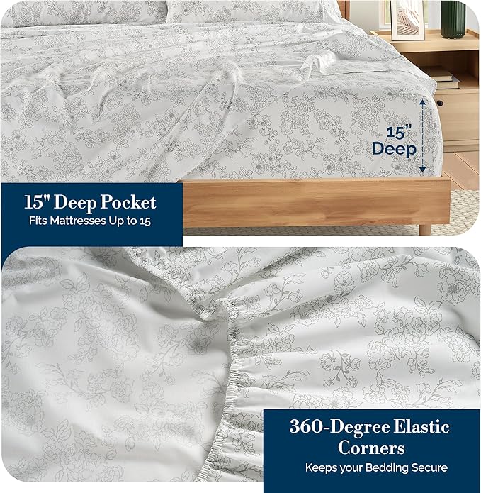 Casa Platino 100% Cotton Twin Sheet Set – 4 Piece Twin Sheet Set Twin with Crisp Cool & Soft Feel, with 15 Inch Deep Pocket Fitted Sheet, Breathable & Cozy for a Good Nights Sleep – Ashpetal