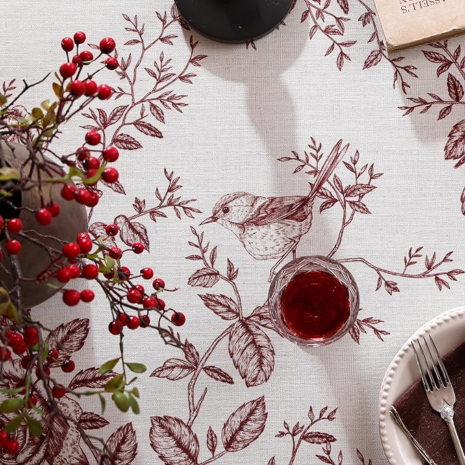 ISAENNE Designer Vintage Linen Extra Long Rectangle Tablecloth,Red Floral Pattern Linen Stain Resistant Table Cloth,Decor Tablecloths for Dining Thanksgiving Kitchen Party,63"*110"-Harmony