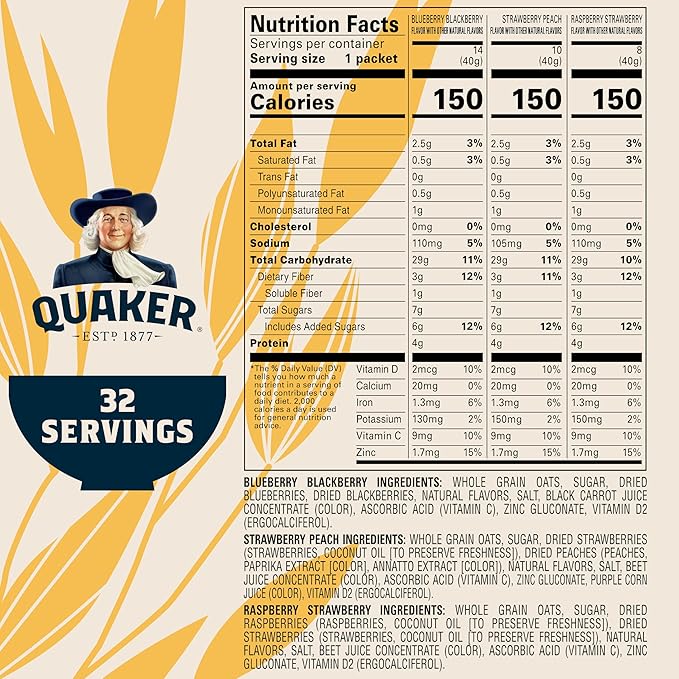 Quaker Immunity Instant Oatmeal, 3 Flavor Variety Pack, Good Source of Vitamins C, D, & Zinc, Whole Grains, No Artificial Flavors, No Colors from Artificial Sources, 1.41 oz Packets, (32 Pack)