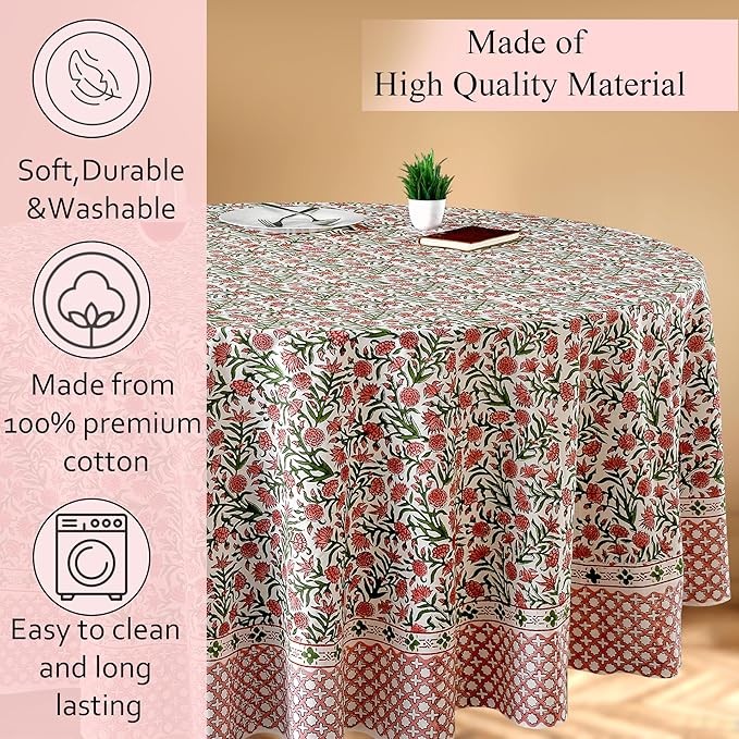 CPC Round Tablecloth- Cotton Indian Block Print Tablecloth -Handmade Printed Washable Cotton Table Cloth - Spring/Summer, Wedding Table Cover - Red Garnet 110 Inches