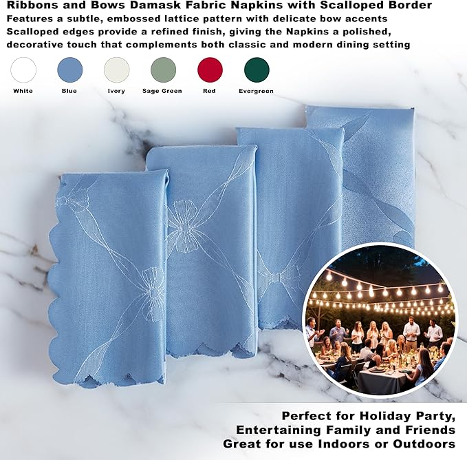 Newbridge Ribbons and Bows Damask Spring & Easter Holiday Fabric Napkins, Blue, Set of 4 Square, Wrinkle & Stain Resistant Table Cover
