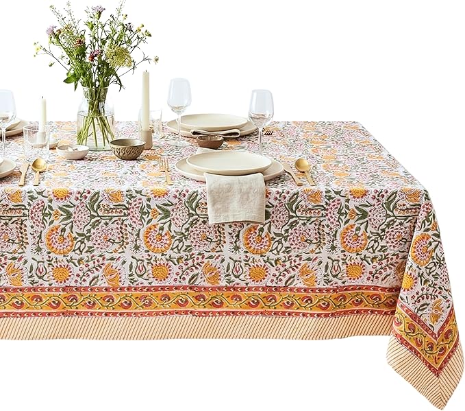 ATOSII Clover Yellow 100% Cotton Rectangle Fall Tablecloth, Handblock Floral Print Linen Table Cloth for Kitchen Dining I Parties, Weddings, Outdoors, Christmas, Thanksgiving Decor 60 X 90 Inches