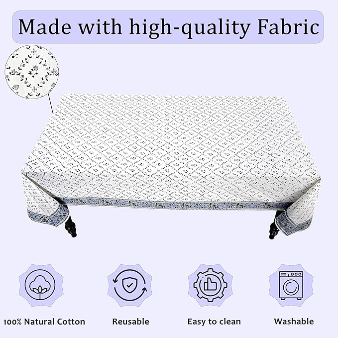 Ridhi Hand Block Print Powder Blue Rectangle Cotton Tablecloth 108" x 70" Reusable Table Cover Decorative Everyday Use for Dining, Farmhouse, Home Gift for Spring, Easter, Valentine