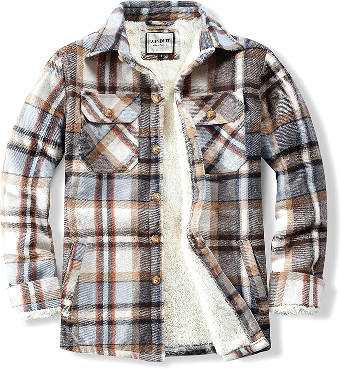 Men's Cotton Sherpa Lined Button Down Flannel Shirt Jacket Plaid Soft Outdoor Flannel Jacket Shirt