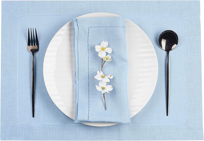 D'Moksha Homes Powder Blue Linen Cloth Placemats Set of 4-100% Pure Linen Hemstitch Placemats 14 x 19 Inch - Classic Hemstitch Table Place Mats for Spring, Easter - Handcrafted and Machine Washable