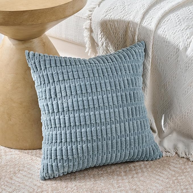 Fancy Homi Set of 4 Blue Boho Decorative Throw Pillow Covers 22x22 Inch for Couch Bed Sofa, Aesthetic Modern Bohemian Room Decor, Soft Fuzzy Cozy Corduroy Textured Coastal Blue Cushion Case 55x55cm