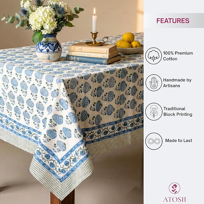ATOSII Roma Blue 100% Cotton Boho Rectangle Fall Tablecloth, Handblock Floral Print Table Cloth Linen for Kitchen Dining I Parties Outdoors Weddings Holidays I Decor 72 X 108 Inches I 8 Seater