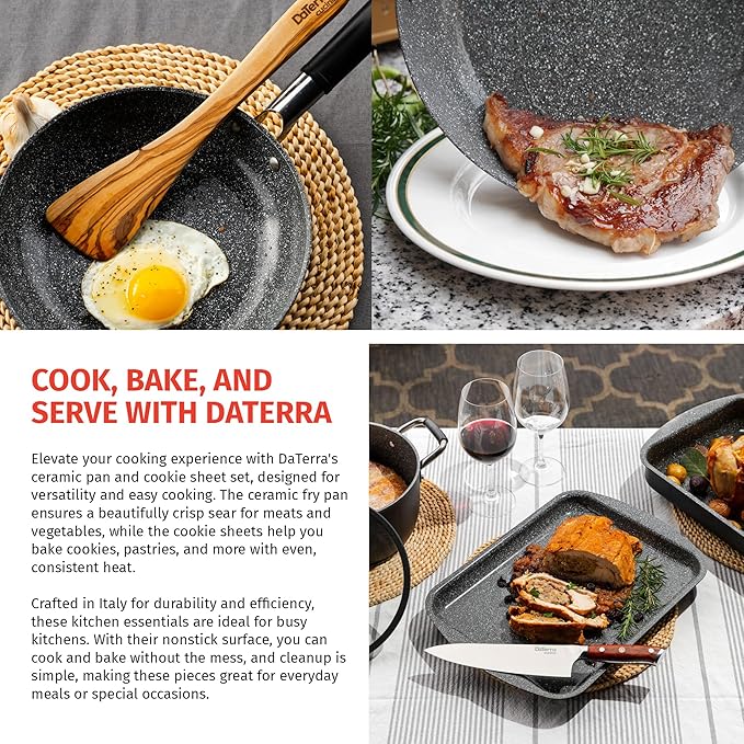DaTerra Cucina Nonstick Weekday Bundle – 9.5" Frying Pan, Twin Baking/Cookie Sheets – Oven Safe, PTFE & PFOA Free, Ideal for Frying, Roasting and Baking - Made in Italy, Volcanic Black Ceramic