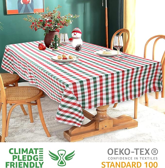 Urban Villa Tablecloth Christmas Tabletop Cover Kitchen Dining Tablecloth 100% Cotton Holiday Celebrations Wedding Dinner Parties Red/Green/White Color Rectangle 60X84 Inches 6-8 Seats Table Cloth