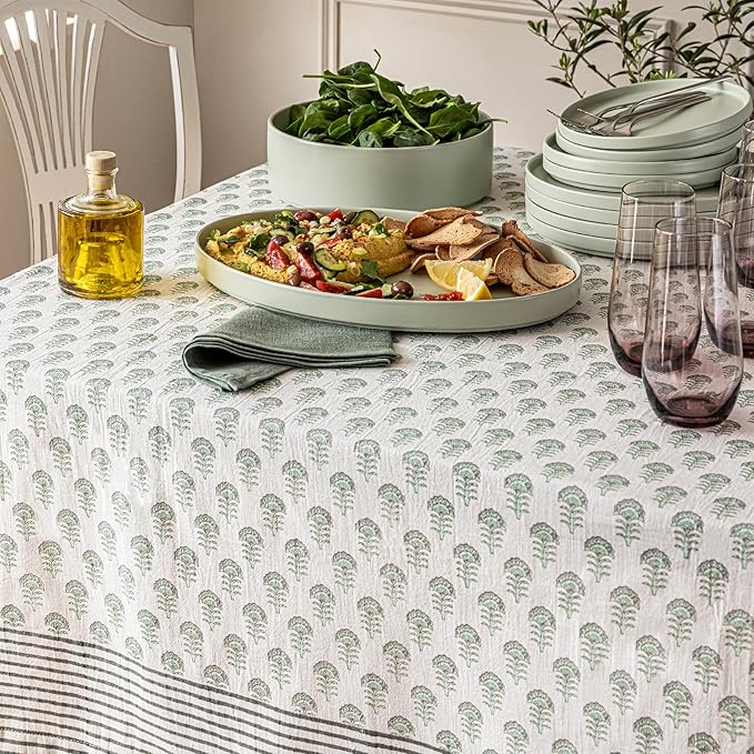 Over&Back Hand-Screened Tablecloth - Dining Table Cover - Each Tablecloth is Unique - 100% Cotton - Machine Washable - Kitchen and Home Decor - Green Flower - 70x90