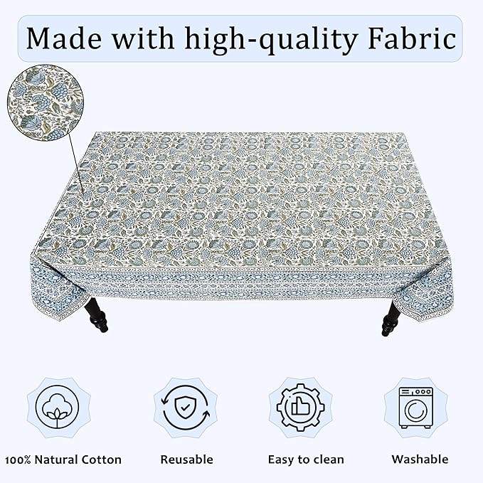 Ridhi Hand Block Print Asparagus Green Rectangle Cotton Tablecloth 160" x 72" Reusable Table Cover Decorative Everyday Use for Dining, Farmhouse, Home Gift for Spring, Easter, Valentine