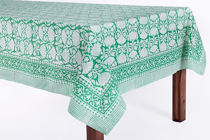 ATOSII Meadow Green 100% Cotton Rectangle Boho Tablecloth, Handblock Floral Table Cloth Linen for Kitchen Dining I Parties Wedding Outdoors Picnis I 72 X 120 Inches I 10 Seater