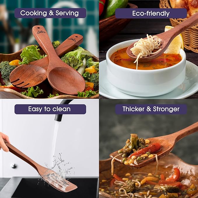 Wooden Kitchen Cooking Utensils Set | 9 Piece Spatula Set with Spoon Rest, Holder & 7 Hooks | Acacia Wood Non Toxic Serving Spoons | Christmas gifts
