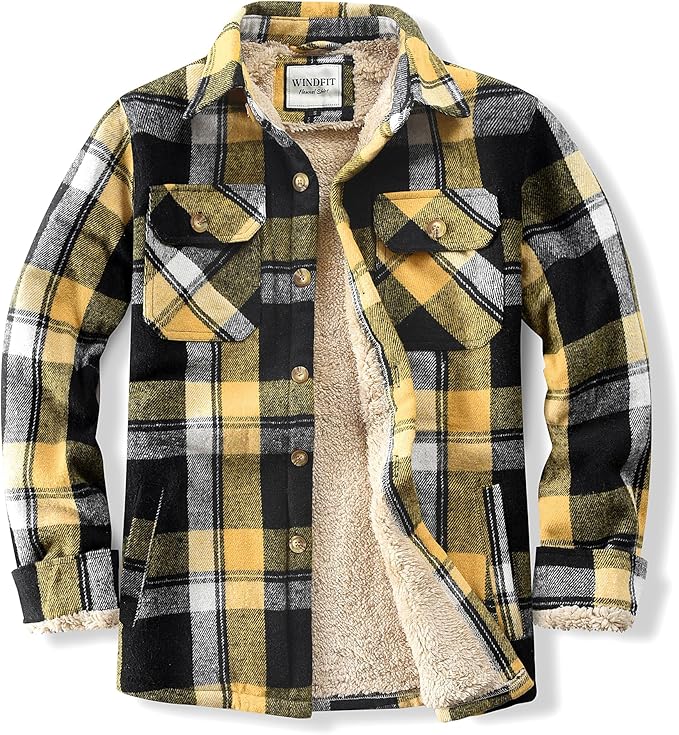 Men's Cotton Sherpa Lined Button Down Flannel Shirt Jacket Plaid Soft Outdoor Flannel Jacket Shirt