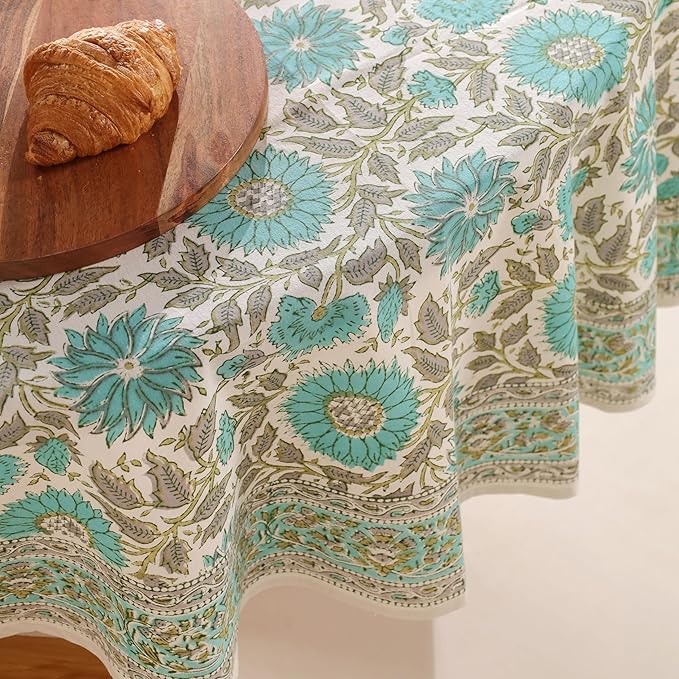 Hand Block Printed Table Cover - Exquisite Design, Premium Cotton Fabric, Perfect for Dining and Decor, Dining Table Linen (Flamingo Bloom, 6 Seater 72 Inches Round)