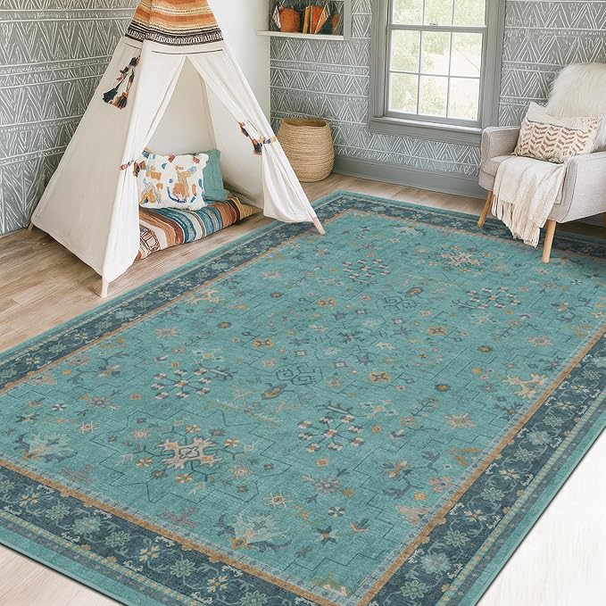 5x7 Teal Rug for Living Room, Boho Turquoise Rugs for Bedroom, Modern Eclectic Low-Pile Carpet for Dining Table, Washable Non-Slip with Rubber Back