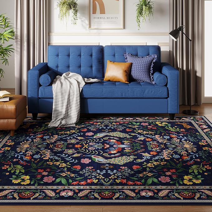 Rugcomf 9x12 Area Rugs for Living Room Washable Rug Floral Non-Slip Large Rug for Living Room, Bedroom, Farmhouse, Dining Room, Kids Playroom (Blue)