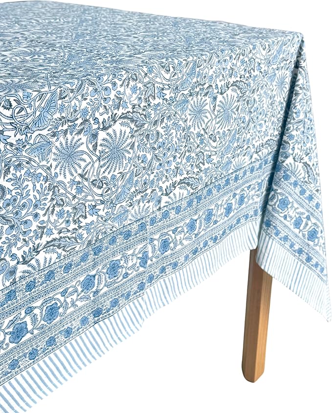 ATOSII Butterfly Blue 100% Cotton Rectangle Boho Fall Tablecloth, Handblock Floral Table Cloth Linen for Kitchen Dining I Parties Christmas Thanksgiving Grandmillenial I 72 X 108 Inches I 8 Seater