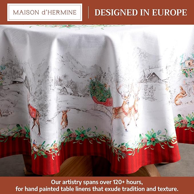 Maison d' Hermine Table Cloth Round Table 100% Cotton 63 Inches Fall Tablecloth Reusable Everyday Use for Thanksgiving Christmas Decorations Dining Farmhouse Party (Christmas Tradition)