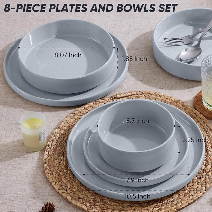 E-far 8-Piece Plates and Bowls Sets - Stoneware Dinnerware Sets with Pasta Bowls for 2 | Microwave & Dishwasher Safe Kitchen Modern Dish Set, Speckled Gray