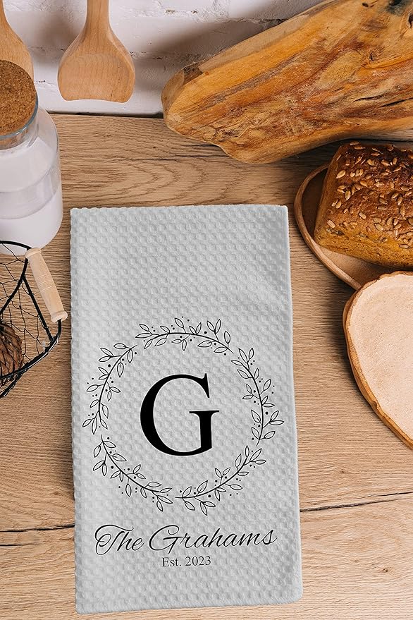 Personalized Kitchen Towel | Custom Tea Towel | Family Name Dish Towel | Kitchen Decor | Hand Towel | Housewarming Gift | Monogram Dishcloth (Wreath 5)