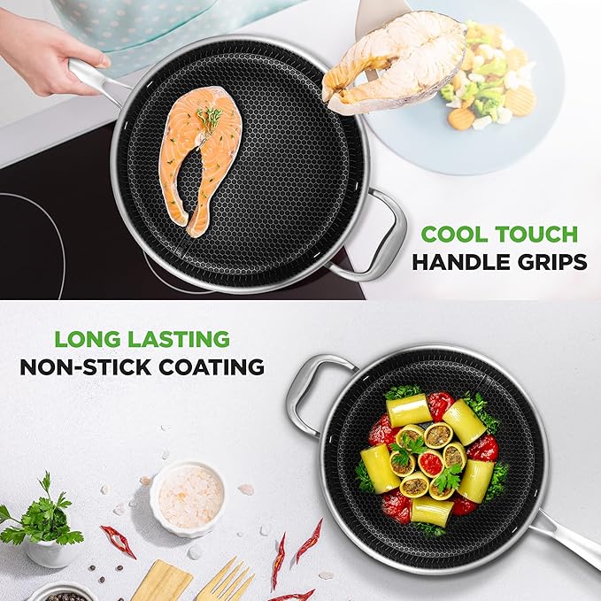 3.4QT Stainless Steel Jumbo Cooker - Triply Kitchenware Jumbo Cooker with Glass Lid - DAKIN Etching Non-Stick Coating, Scratch-resistant Raised-up Honeycomb Fire Textured Pattern - NutriChef NC3PSAUC
