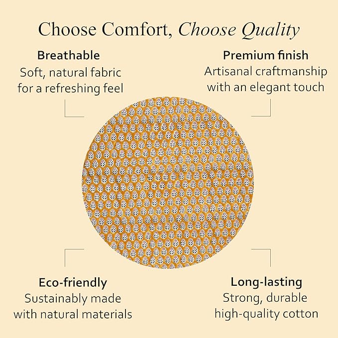 CPC Round Tablecloth- Cotton Indian Block Print Tablecloth -Handmade Printed Washable Cotton Table Cloth - Spring/Summer, Wedding Table Cover - Yellow Citrine 90 Inch