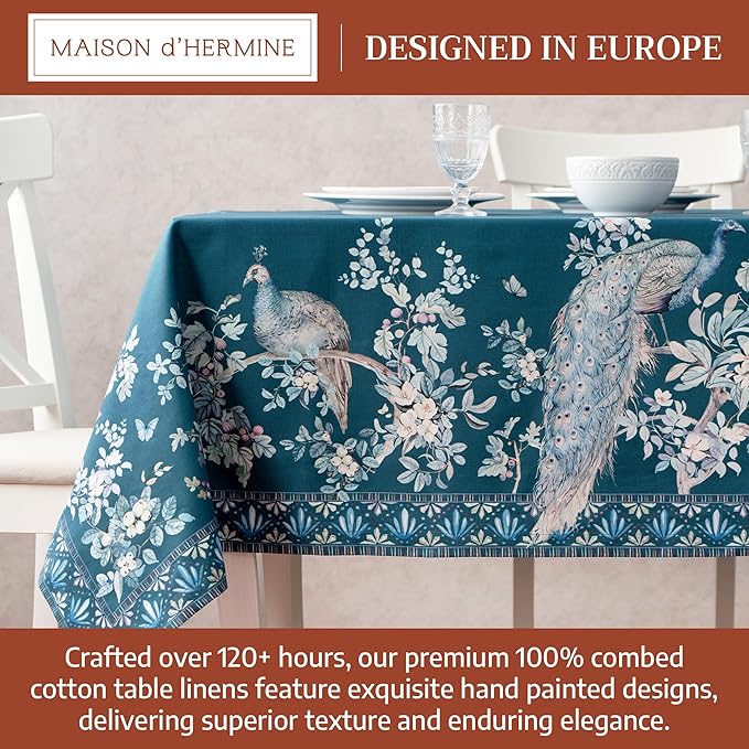 Maison d' Hermine Premium Table Cloth Rectangle Table 100% Combed Cotton 120 x 70 Inches Tablecloth Reusable Decorative for Dining Room, Farmhouse, Party, Festive & Wedding - Peacock Utopia - Deep Sea