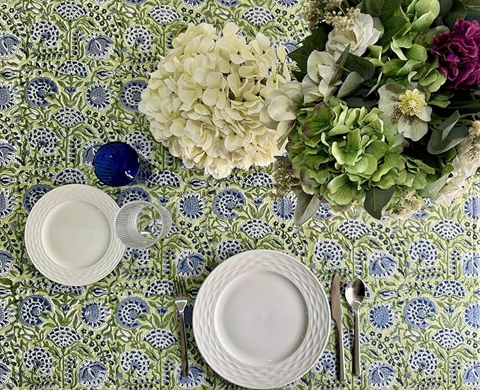 ATOSII Amara Green 100% Cotton Rectangle Fall Tablecloth, Handblock Floral Print Linen Table Cloth for Kitchen Dining I Parties, Weddings, Outdoors, Easter I Home Decor 60 X 90 Inches I 6 Seater
