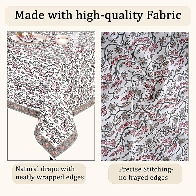 Ridhi Hand Block Print Coral Pink Rectangle Cotton Tablecloth 108" x 70" Reusable Table Cover Decorative Everyday Use for Dining, Farmhouse, Home Gift for Spring, Easter, Valentine