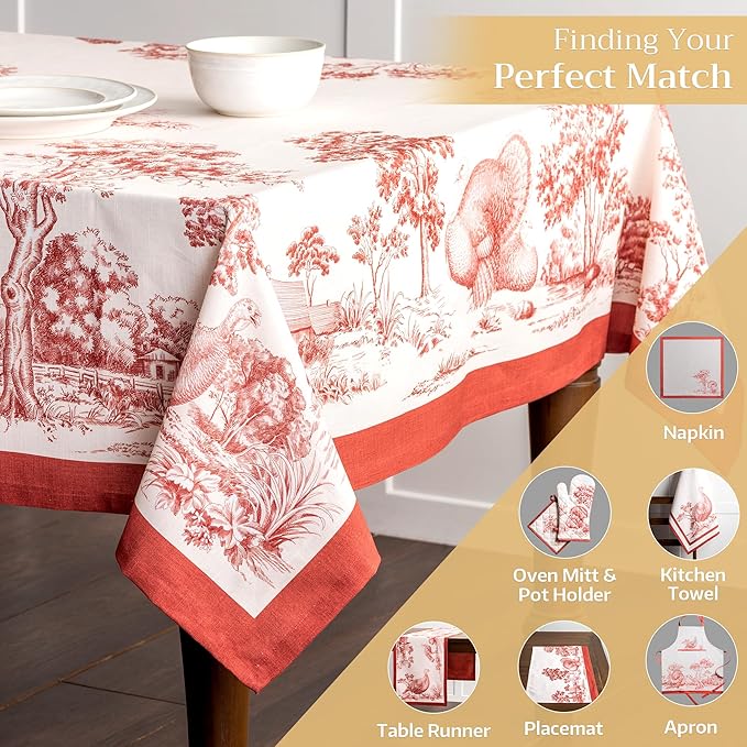 Maison d' Hermine Table Cloth Rectangle Table 100% Cotton 60 x 120 Inches Fall Tablecloth Reusable Everyday Use for Thanksgiving Christmas Decorations Dining Farmhouse Party (Holy Jouy - Red)