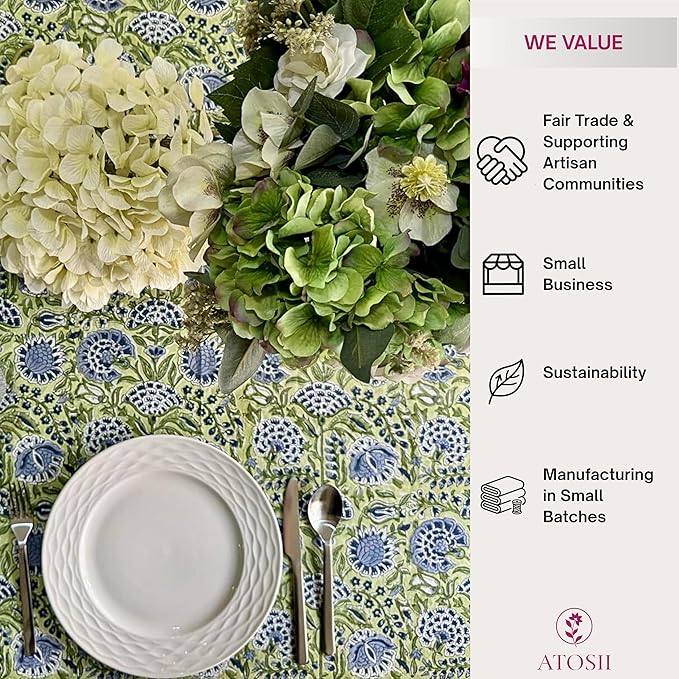 ATOSII Amara 100% Cotton Round Fall Tablecloth, Handblock Print Floral Table Cloth for Kitchen Dining Linen I Parties, Weddings, Christmas, Thanksgiving, Easter Grandmillennial Decor 60" Inches Round