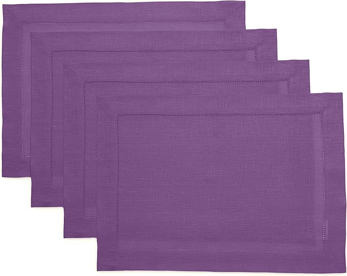 Solino Home Linen Placemats Set of 4 - Classic Hemstitch Purple Placemats 14 x 19 Inch - 100% Pure Linen Table Mats for Winter, Spring, Easter, Valentines