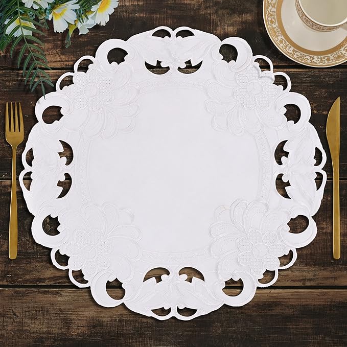 Decozen Set of 8 Doilies for Table, Lace Doilies - Rustic, Crochet, Farmhouse, Kitchen, Round Table Placemats - Valentines Day Decorations - 15 inch White, The Snow Blossom Collection