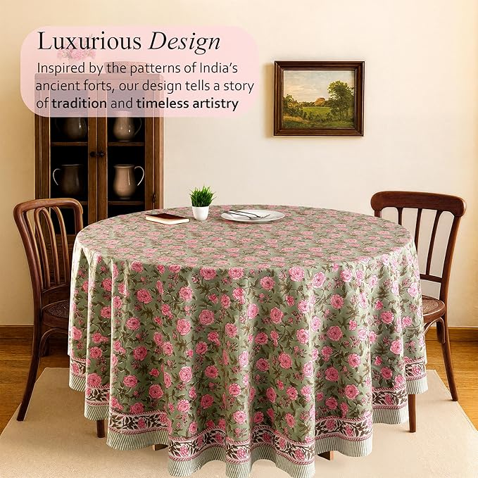 CPC Round Tablecloth- Cotton Indian Block Print Tablecloth -Handmade Printed Washable Cotton Table Cloth - Spring/Summer, Wedding Table Cover - Pink Tourmaline 110 Inches