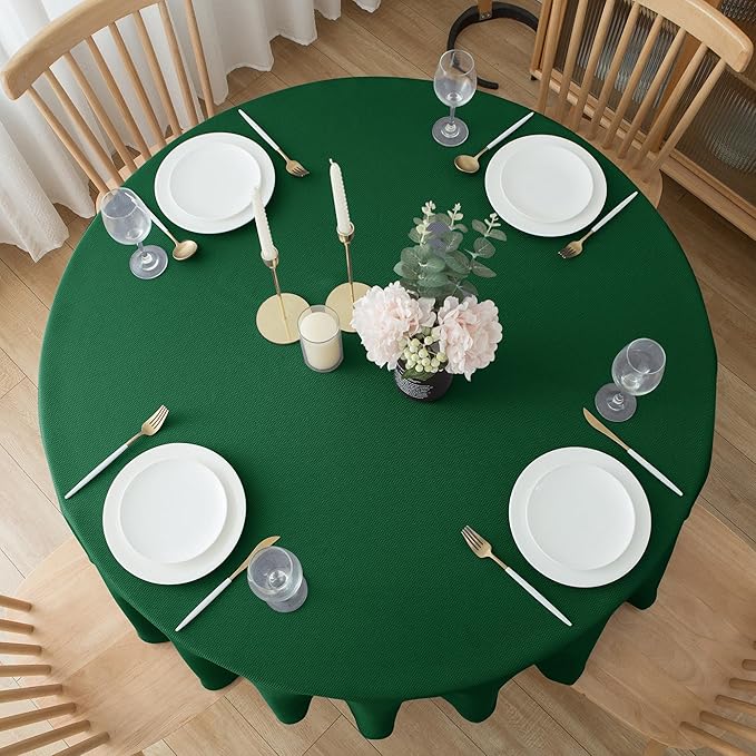 Biscaynebay 2 Pack Textured Fabric Round Tablecloths 60", Hunter Green Water Resistant Tableclothes Small Circle Folding Table Covers Linen for Dining, Kitchen, Wedding, Parties etc Machine Washable