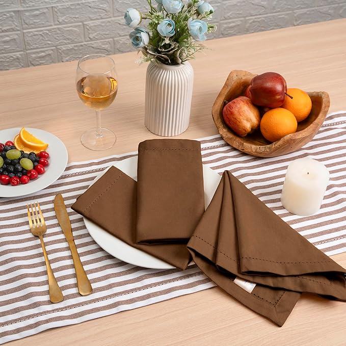 Blue Needles Set of 6 Hemstitch Linen Napkins 100% Cotton Nut Brown Cloth Dinner Napkins 18x18 inches, Soft, Reusable, Absorbent, Washable, Ideal for Wedding Events, Parties & Everyday Use