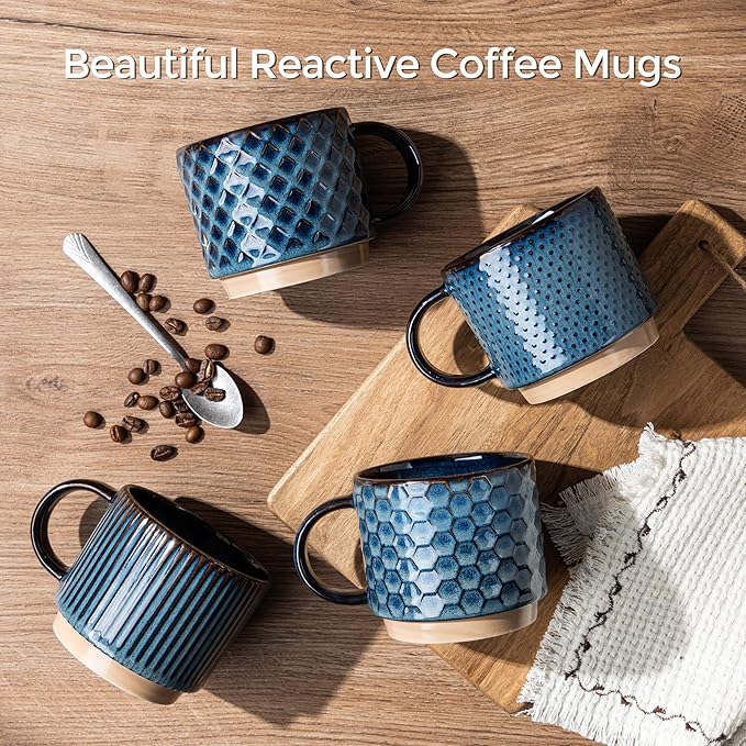 GBhome 15OZ Stackable Coffee Mugs, Ceramic Coffee Mugs with Texture Patterns for Man,Woman,Dad,Mom, Modern Coffee Mugs Set of 4 for Latte/Cappuccino/Cocoa. Dishwasher&Microwave Safe,
