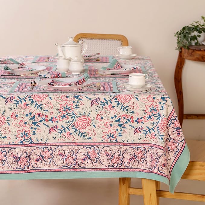 Hand Block Printed Table Cover - Exquisite Design, Premium Cotton Fabric, Perfect for Dining and Decor, Dining Table Linen(Salmon Pink,10 Seater 70 x 118 Inches Rectangle)