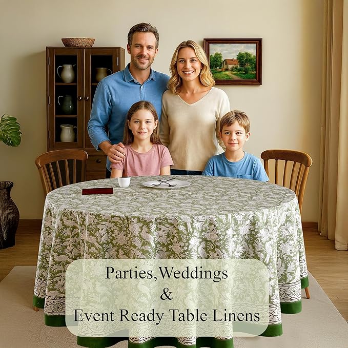 CPC Round Tablecloth- Cotton Indian Block Print Tablecloth -Handmade Printed Washable Cotton Table Cloth - Spring/Summer, Wedding Table Cover - Olive Green 132 Inch